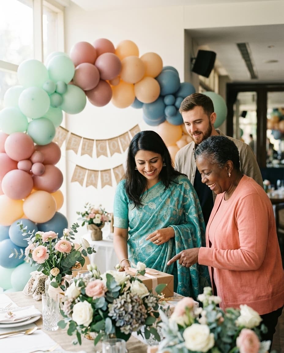 Pastel balloon decorations at a baby shower celebration