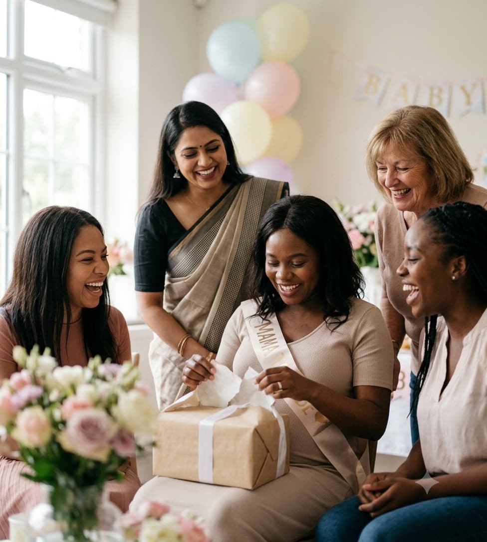 Guests opening gifts at a baby shower
