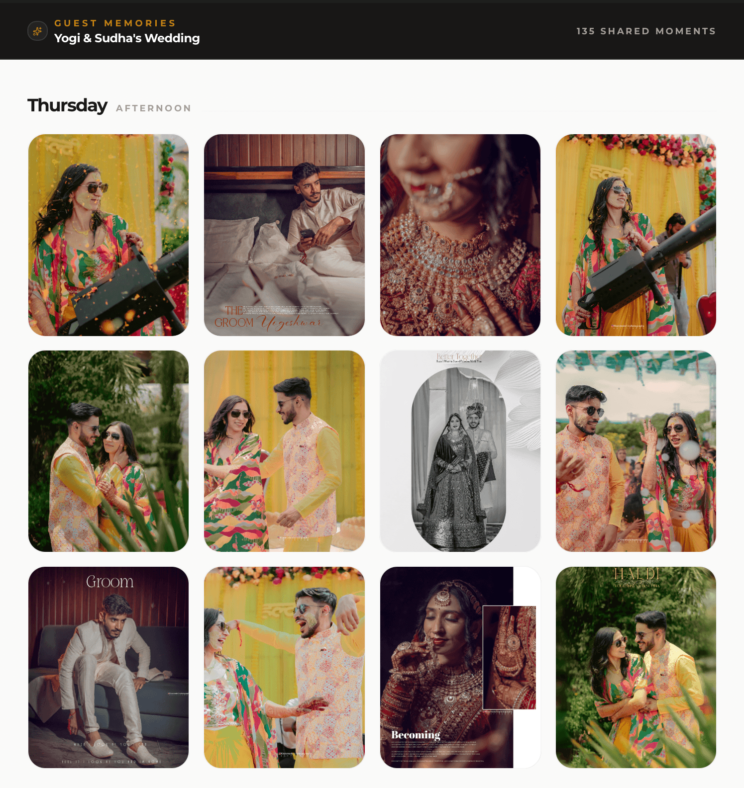 GuestDrop gallery on desktop, a masonry grid of real wedding guest photos grouped by day