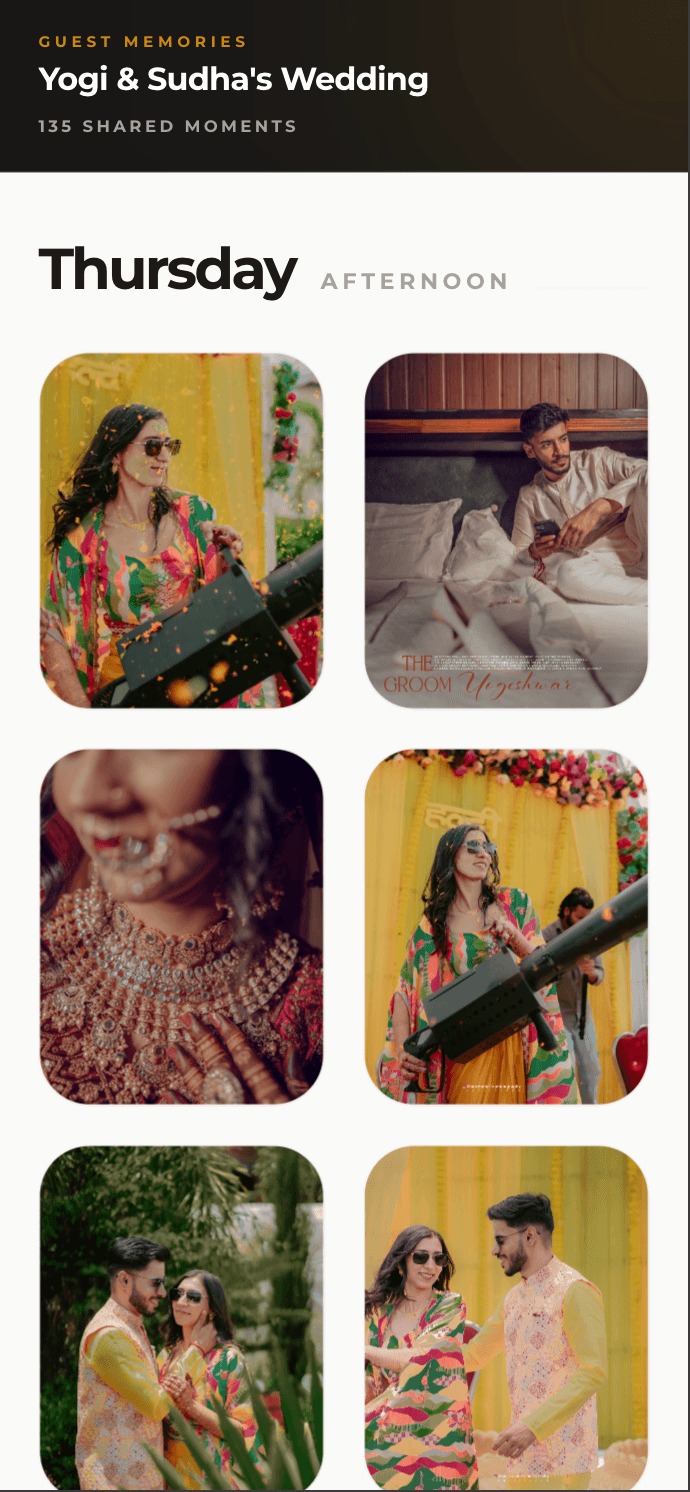 GuestDrop gallery on a phone, a two-column masonry of guest photos