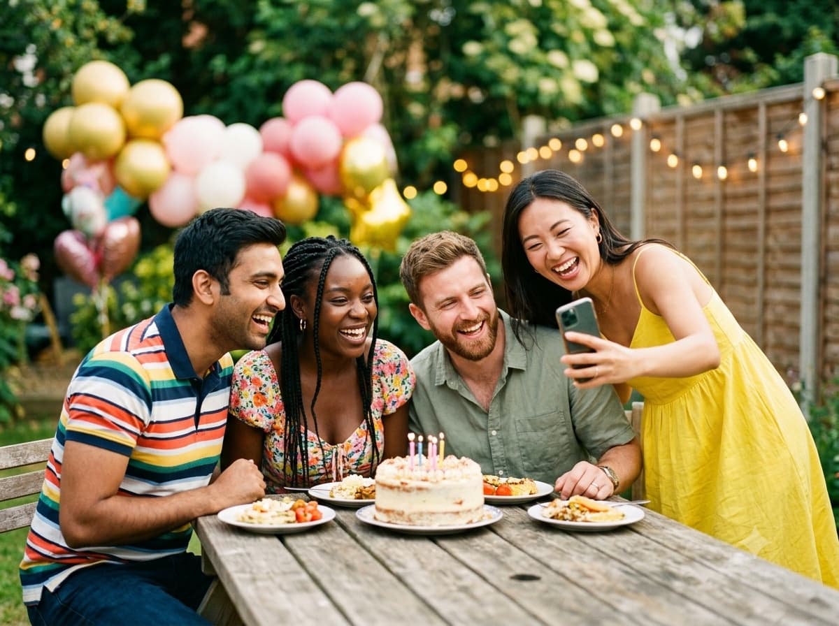 Friends laughing while taking photos at a birthday party