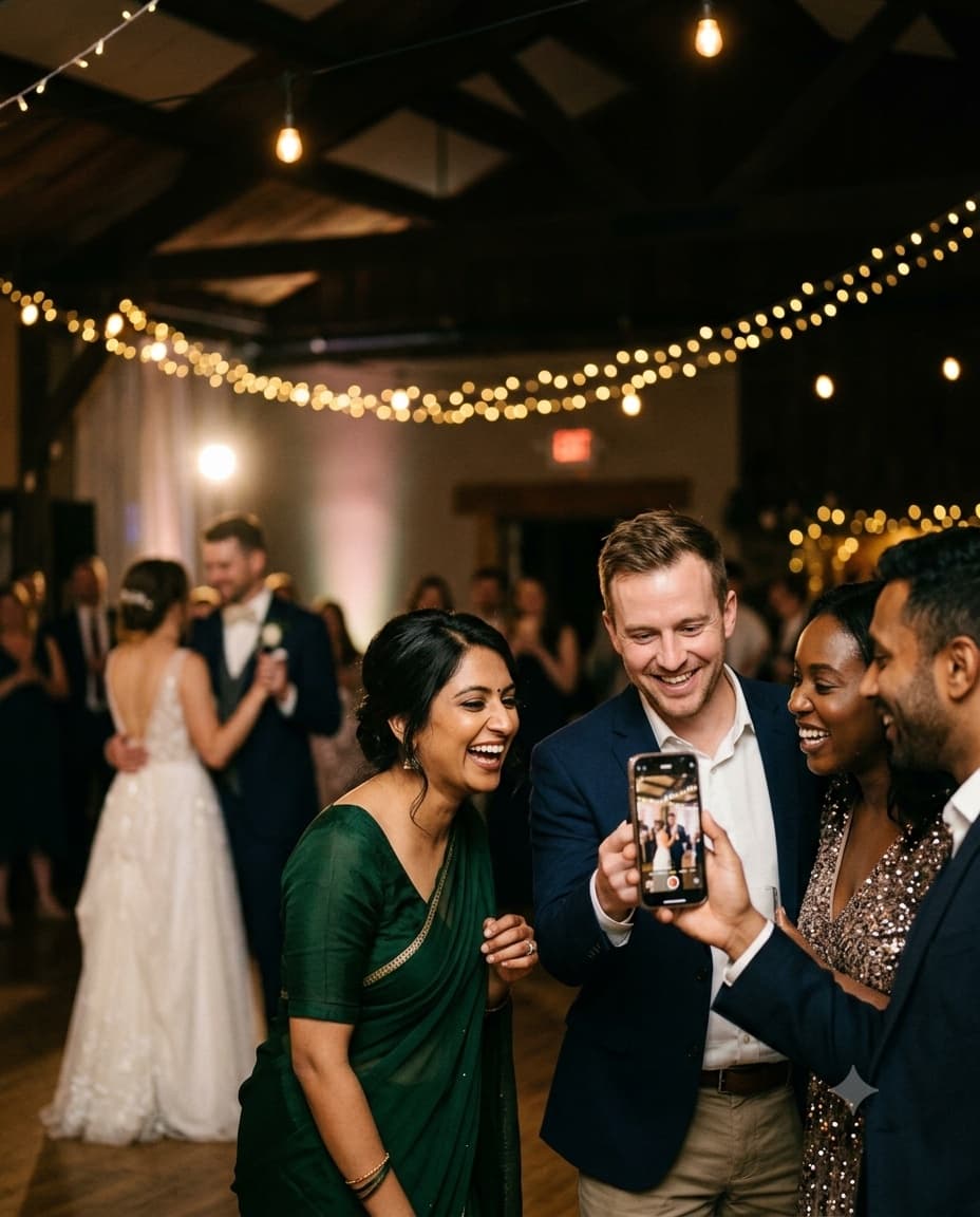 Wedding guests holding up their phones to capture the reception
