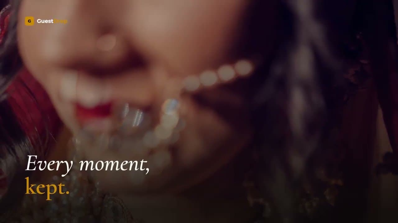 GuestDrop promo video preview, a wedding guest scanning a QR code and uploading photos