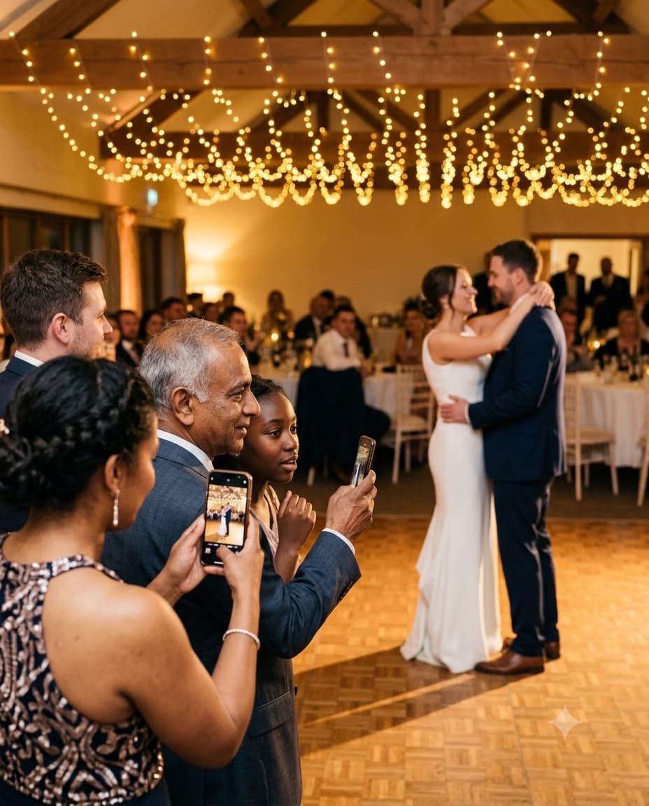Wedding guests photographing the first dance on their phones