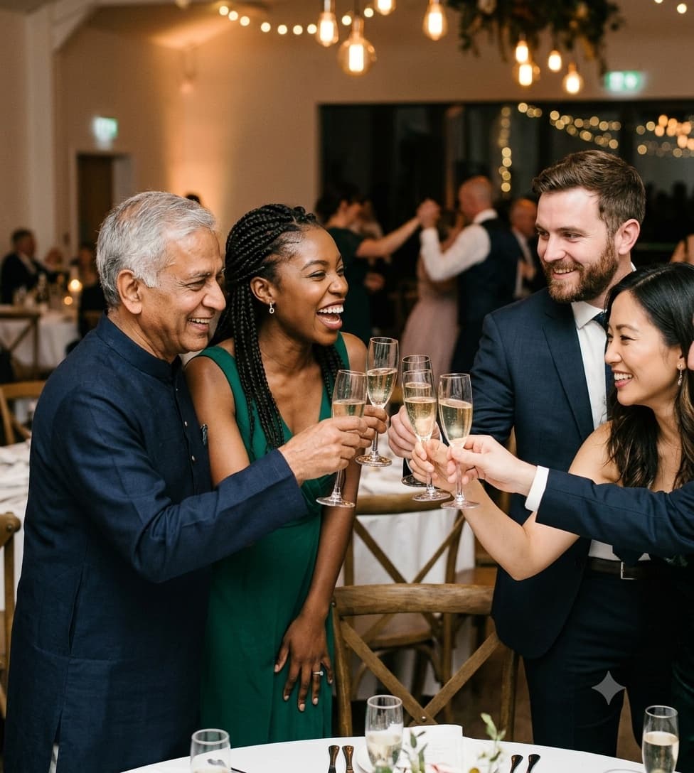 Wedding guests raising a toast while capturing the moment