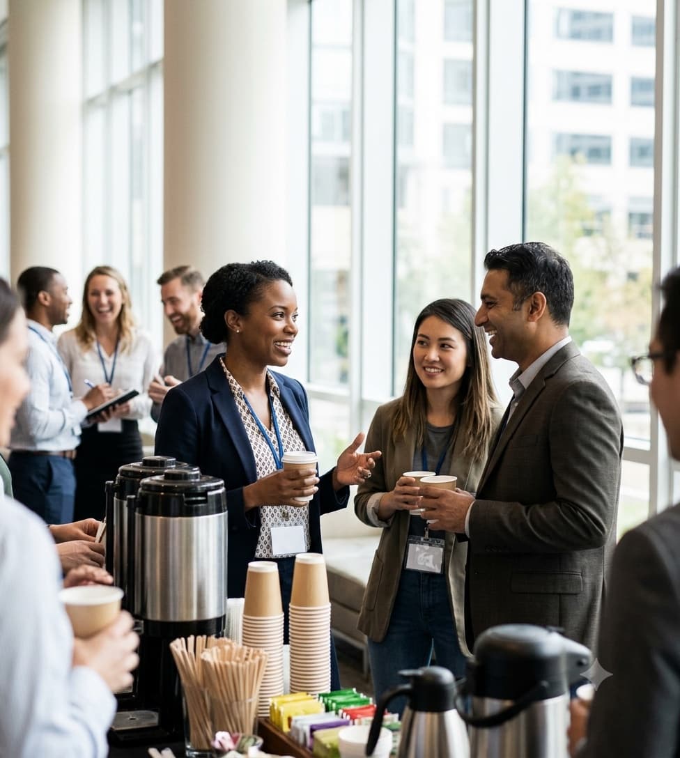 Attendees networking between sessions at a corporate conference