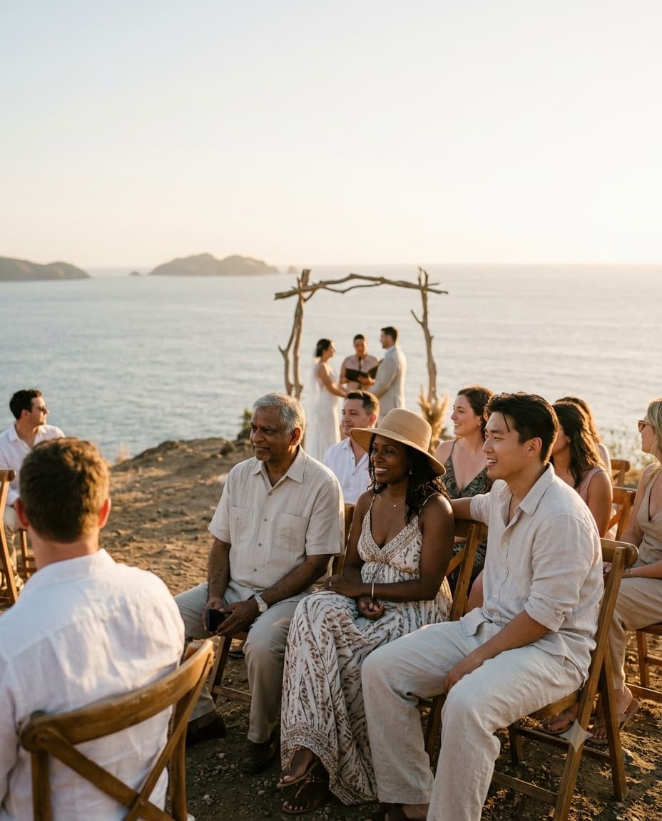 Destination wedding guests gathered on a beach at sunset
