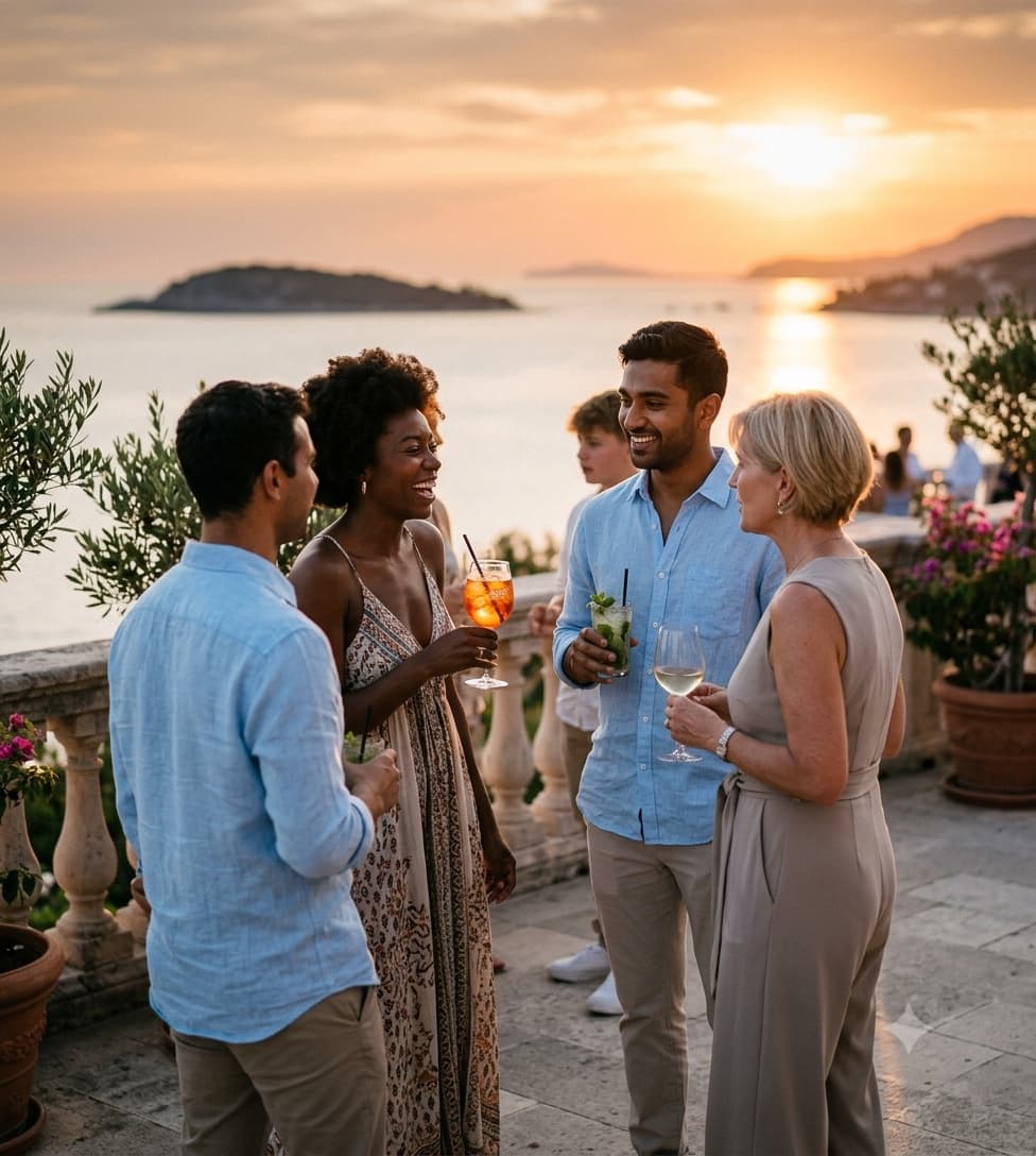 Destination wedding guests arriving at a coastal venue