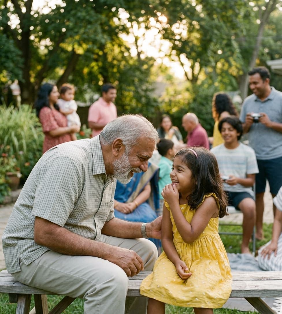 Grandparents and grandchildren sharing a moment at a family reunion