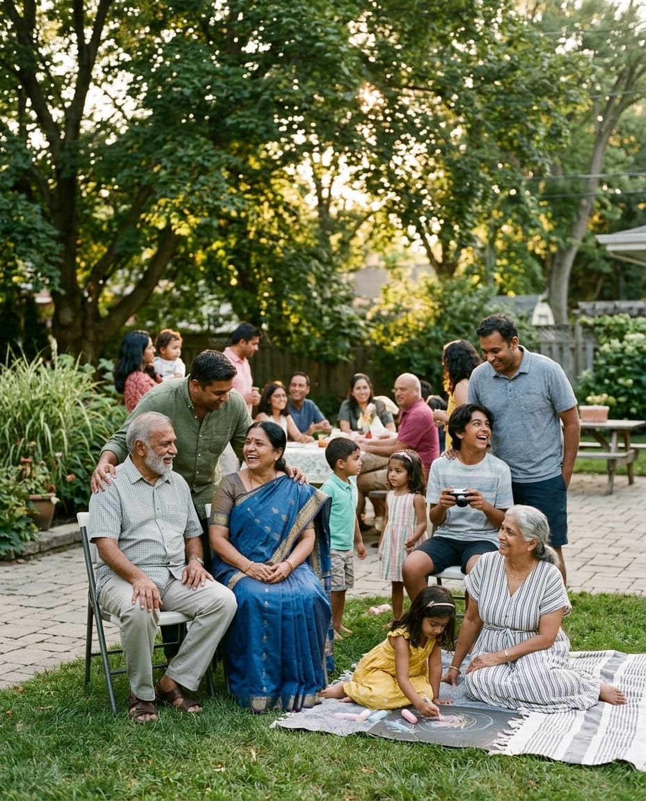 Multiple generations of a family gathered outdoors at a reunion