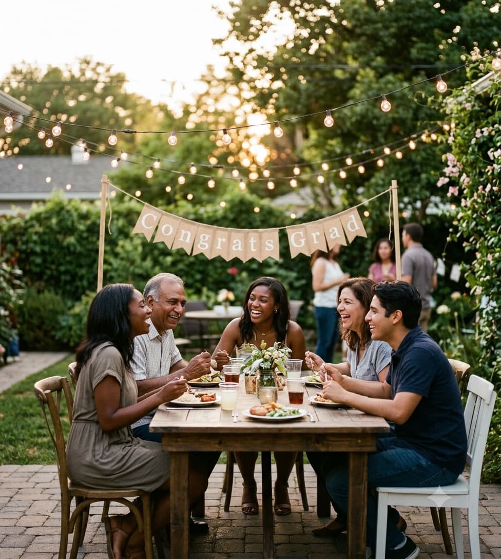 Guests celebrating at a backyard graduation party