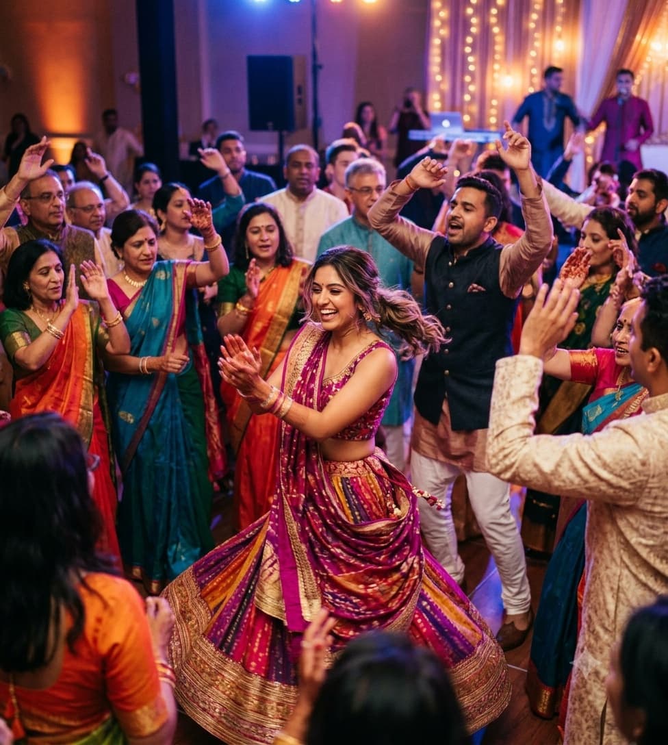 Guests dancing at a Sangeet night celebration