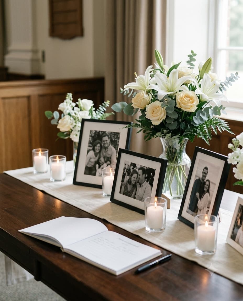Quiet arrangement of flowers at a memorial service
